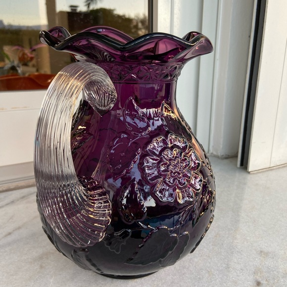 Mosser glass with clear handle, cable grape amethyst pitcher floral leaf pattern - Picture 2 of 16